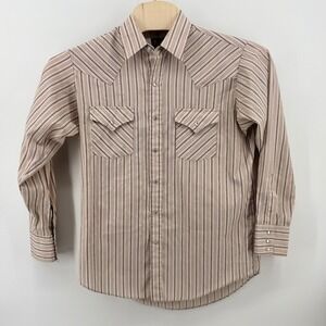 Plains Western Wear Mens Medium Tan Brown Striped Pearl Snap Long Sleeve Shirt